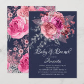 Navy Pink & Silver Floral Baby Brunch Shower Kaart (Voorkant / Achterkant)