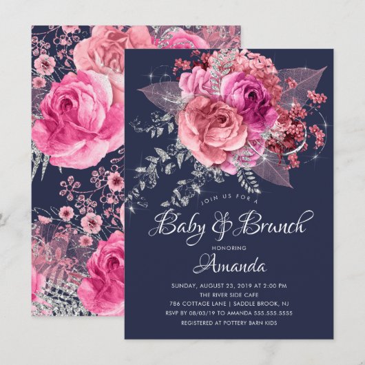 Navy Pink & Silver Floral Baby Brunch Shower Kaart (Voorkant / Achterkant)
