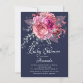 Navy Pink & Silver Floral Baby shower Kaart (Voorkant)