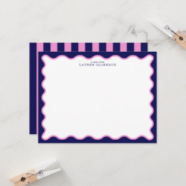 Navy Pink Striped Wavy Frame Note Card Kaart