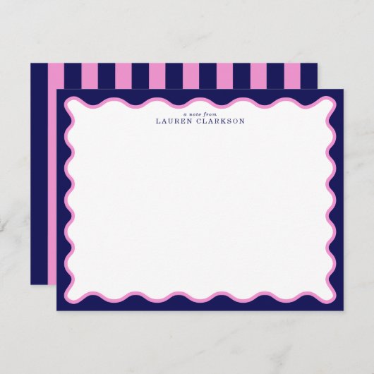 Navy Pink Striped Wavy Frame Note Card Kaart (Voorkant / Achterkant)