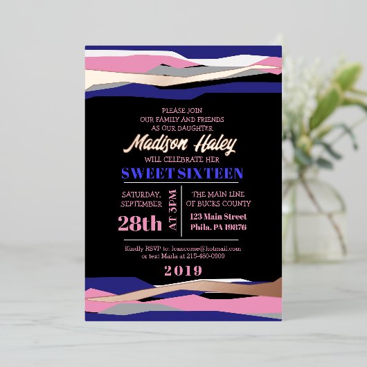 Navy Pink Sweet Sixteen 16 Uitnodiging Roos Gold (Staand Voorkant)