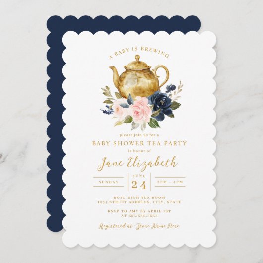 Navy Pink Tea Party Een Baby is het brouwen van Ba Kaart (Voorkant / Achterkant)