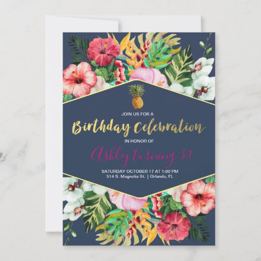 Navy & Pink Tropical Birthday Invitation Kaart (Voorkant)