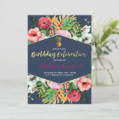 Navy & Pink Tropical Birthday Invitation Kaart (Staand voorkant)
