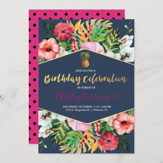 Navy & Pink Tropical Birthday Invitation Kaart (Voorkant / Achterkant)