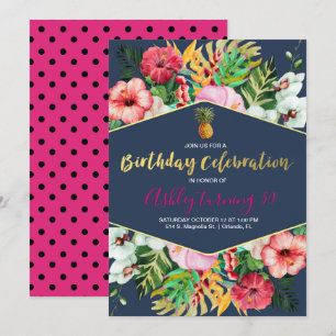 Navy & Pink Tropical Birthday Invitation Kaart