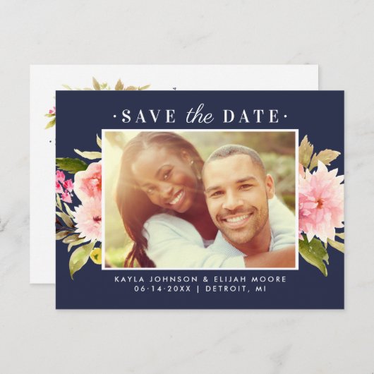 Navy Pink Waterverf Flowers Foto opslaan Datum Aankondigingskaart (Voorkant / Achterkant)