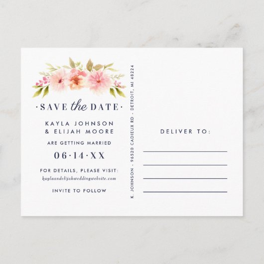 Navy Pink Waterverf Flowers Foto opslaan Datum Aankondigingskaart (Achterkant)