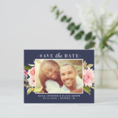 Navy Pink Waterverf Flowers Foto opslaan Datum Aankondigingskaart (Staand voorkant)