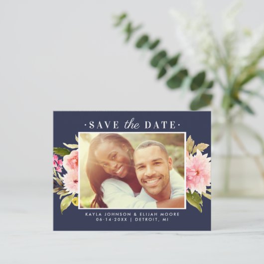 Navy Pink Waterverf Flowers Foto opslaan Datum Aankondigingskaart (Staand voorkant)