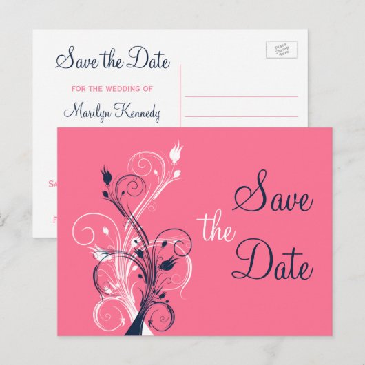 Navy Pink White Floral Save the Date Post Kaart (Voorkant / Achterkant)