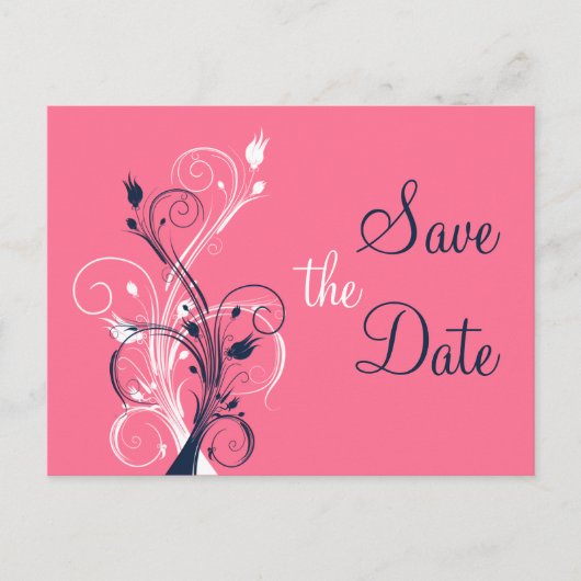 Navy Pink White Floral Save the Date Post Kaart (Voorkant)