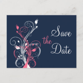 Navy Pink White Floral Save the Date Post Kaart