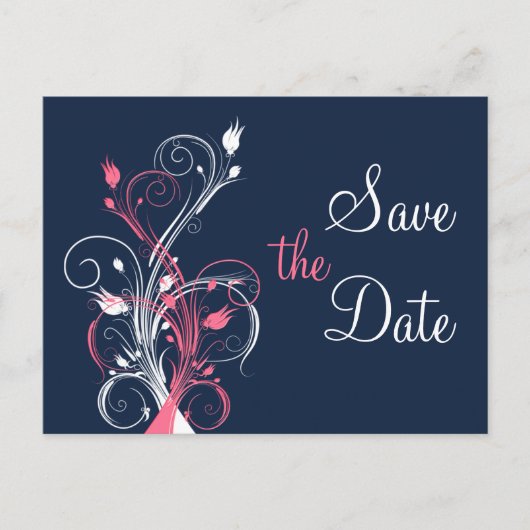 Navy Pink White Floral Save the Date Post Kaart (Voorkant)