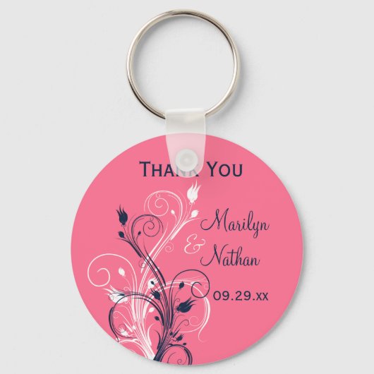 Navy Pink White Floral Wedding Favor Sleutelhanger (Voorkant)