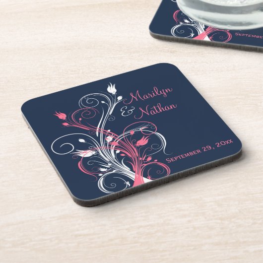 Navy Pink White Floral Wedding Onderzetter Set (6) (Linkerzijde)