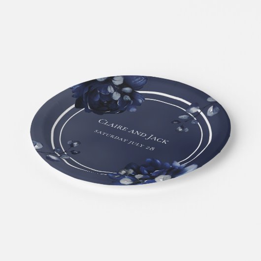 Navy Pioen Assemblage Bruiloft 7 Inch Luncheon Papieren Bordje (Gekanteld)