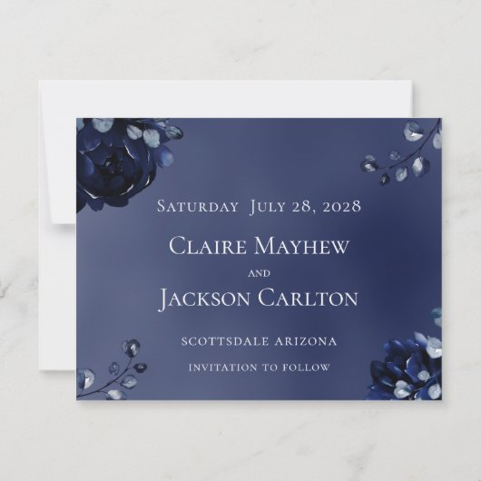 Navy Pioen Assemblage Bruiloft Save The Date Kaart (Achterkant)