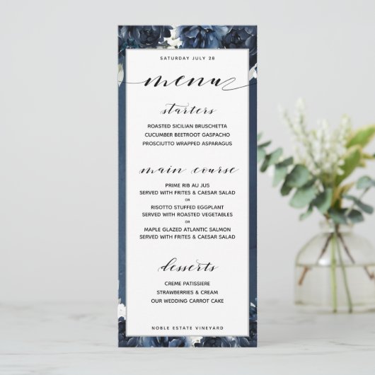 Navy Pioen Bruiloft Diner Menu (Staand voorkant)