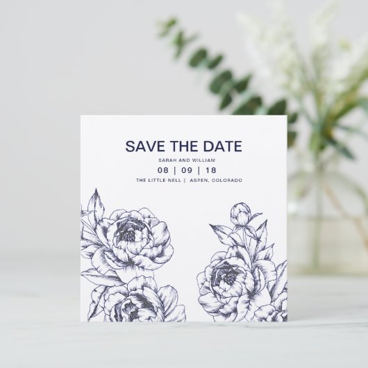 Navy Pioen Eenvoudig Bewaar de Datum Save The Date (Staand voorkant)