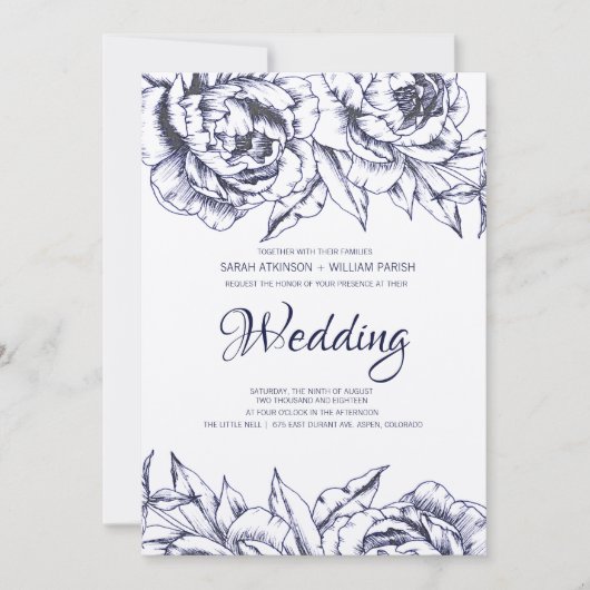 Navy Pioen Eenvoudige bruiloft uitnodiging (Voorkant)