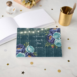 Navy pioen en turquoise Rozen Floral Wedding Gastenboek