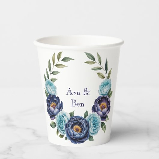 Navy pioen en turquoise Rozen Floral Wedding Papieren Bekers (Voorkant)