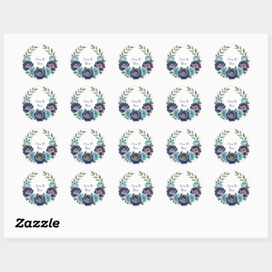 Navy pioen en turquoise Rozen Floral Wedding Ronde Sticker (Vel)