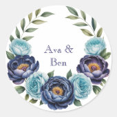 Navy pioen en turquoise Rozen Floral Wedding Ronde Sticker (Voorkant)