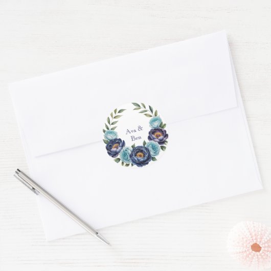 Navy pioen en turquoise Rozen Floral Wedding Ronde Sticker (Envelop)