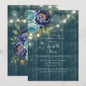 Navy pioenen en turquoise Roos Engagement Party Kaart (Voorkant / Achterkant)