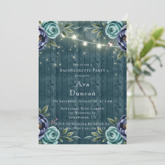 Navy pioenen en turquoise Roos vrijgezellenfeest Kaart (Staand voorkant)