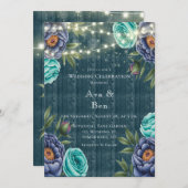 Navy pioenen & turquoise Roos bruiloft Kaart (Voorkant / Achterkant)