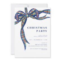 Navy Plaid Bow Holiday Christmas Party Invitation