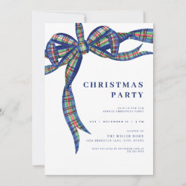 Navy Plaid Bow Holiday Christmas Party Invitation Kaart