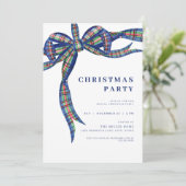 Navy Plaid Bow Holiday Christmas Party Invitation Kaart (Staand voorkant)