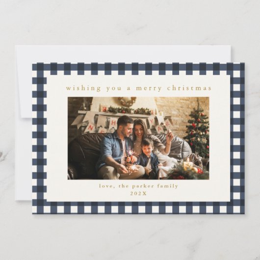 Navy Plaid Custom Photo Christmas Holiday Kaart (Voorkant)
