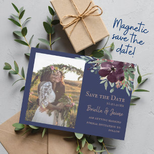 Navy Plum Blush Floral Wedding Photo Save the Date Magnetische Uitnodiging