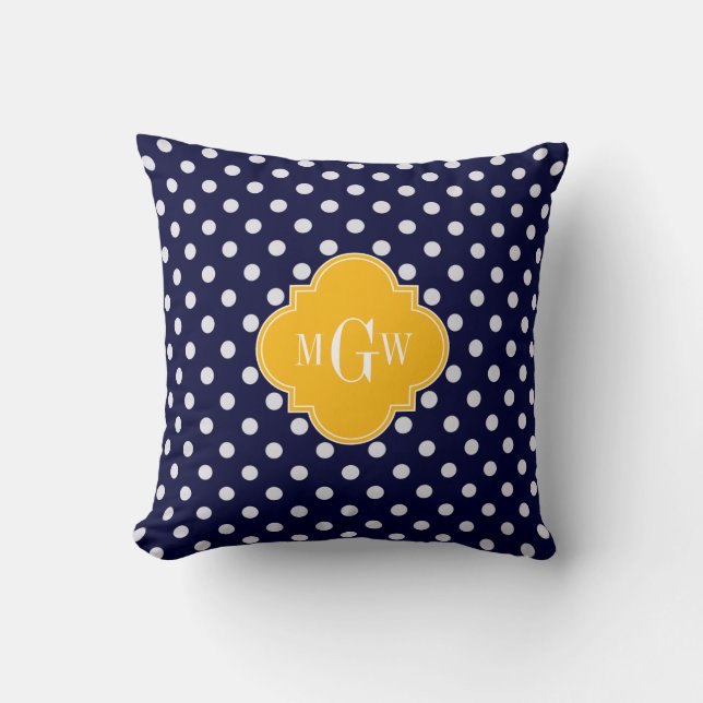 Navy Polka Dot Goldenrod Quatrefoil 3 Monogram Kussen (Voorkant)