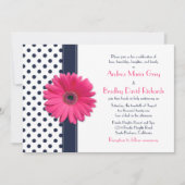 Navy Polka Dot Pink Daisy Wedding Uitnodiging (Voorkant)