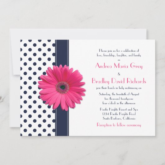 Navy Polka Dot Pink Daisy Wedding Uitnodiging (Voorkant)