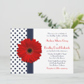 Navy Polka Dot Red Daisy Wedding Invitation Kaart (Staand voorkant)
