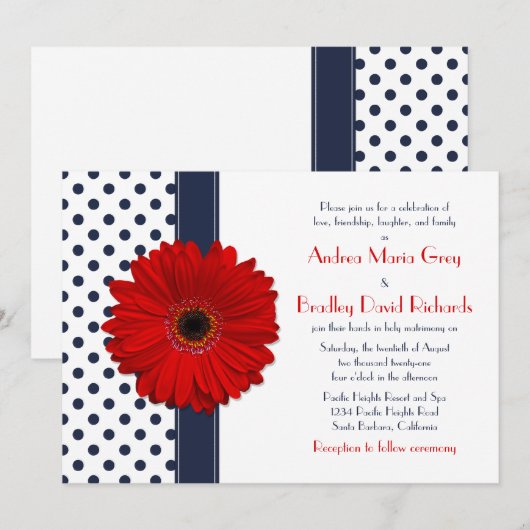 Navy Polka Dot Red Daisy Wedding Invitation Kaart (Voorkant / Achterkant)