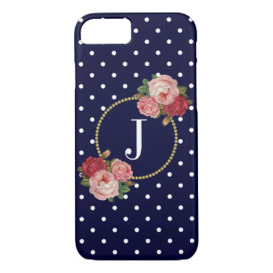 Navy Polka Dots Bloemen Chic Goud Monogram iPhone 8/7 Hoesje