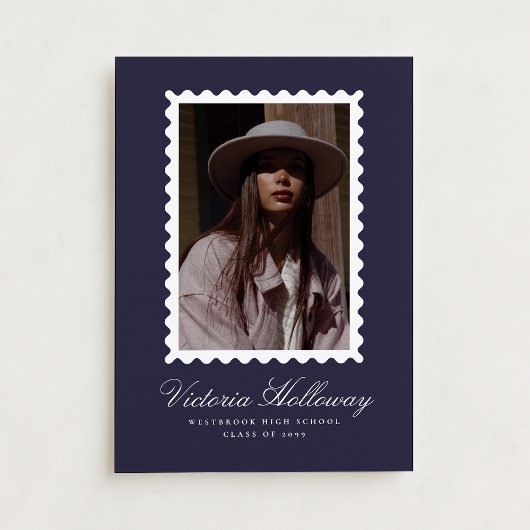 Navy Postage Stamp photo Graduation Announcement Kaart