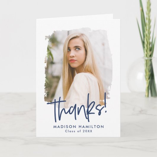 Navy | Preppy Script Photo Afstuderen Bedankkaart (Voorkant)