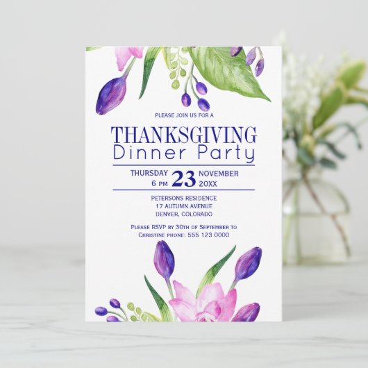 Navy pruim stijlvolle elegante bloemen Thanksgivin Kaart (Staand voorkant)