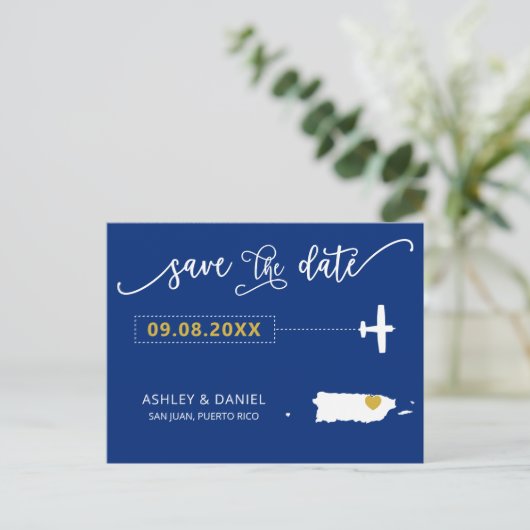 Navy Puerto Rico Wedding Save the Date Map Briefkaart (Staand voorkant)