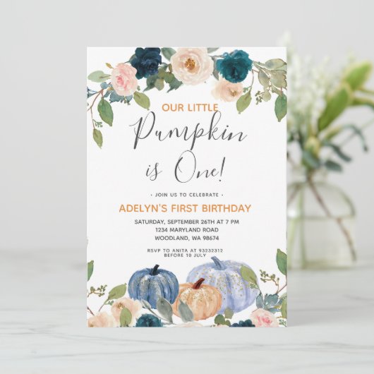 Navy Pumpkin Waterverf 1e verjaardag uitnodiging (Staand voorkant)